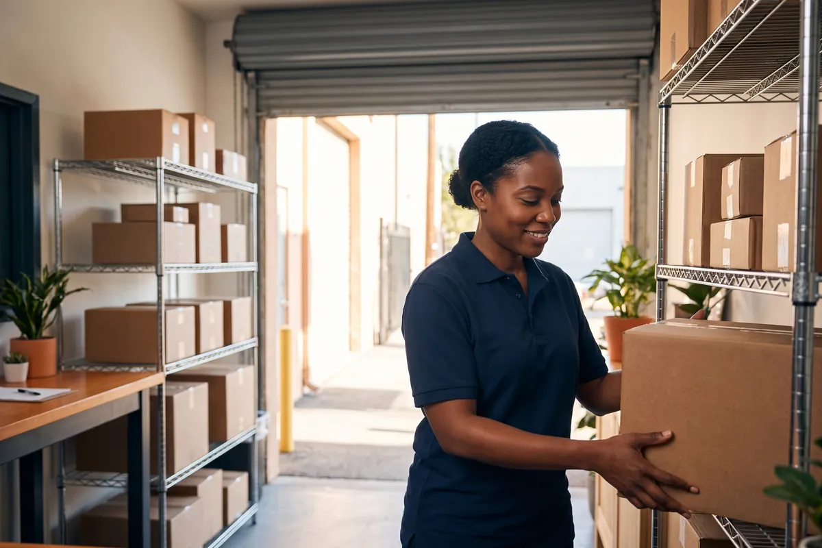 A member of the team carrying a parcel inside the receiving warehouse.